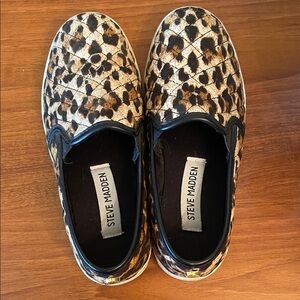 Steve Madden Quilted Leopard-Print Slip-On Sneakers in Black and Brown